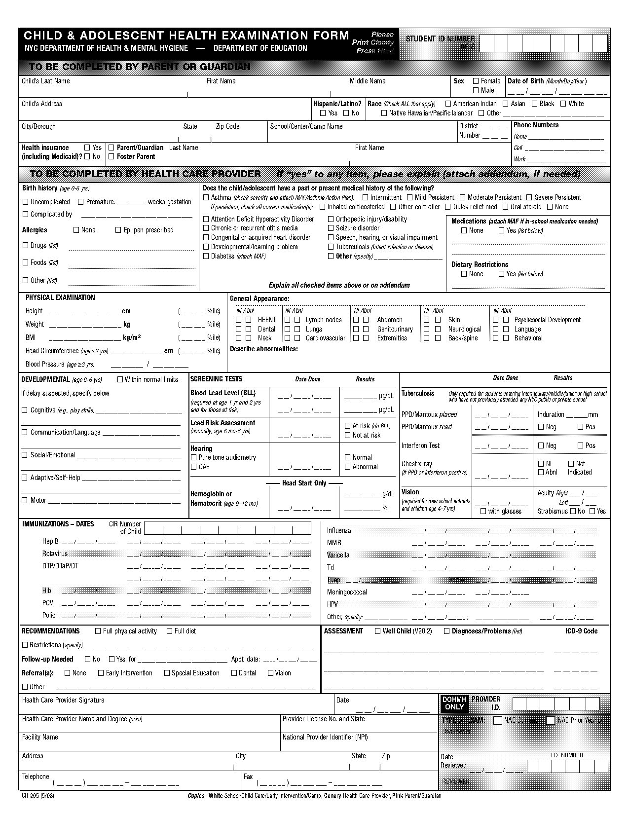 child medical history form