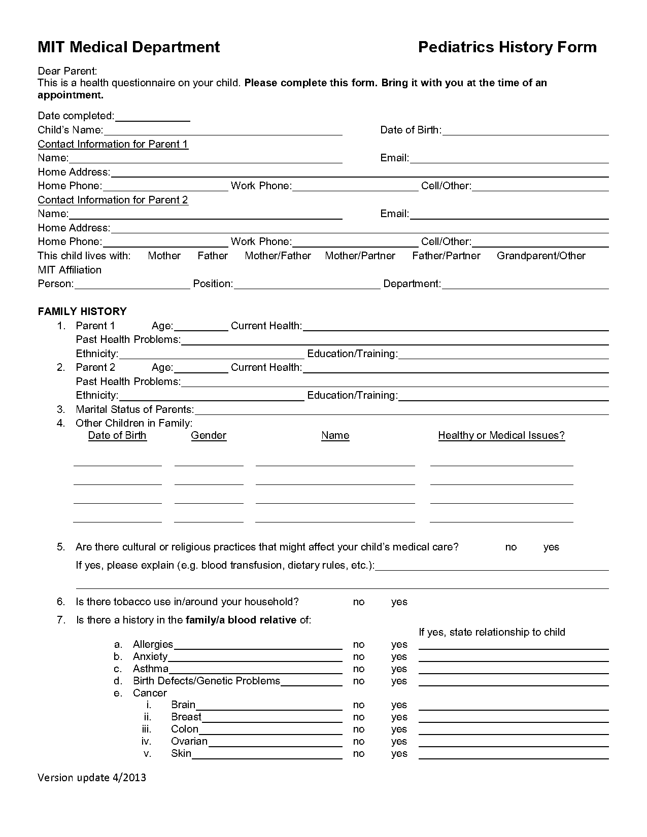 child medical history form