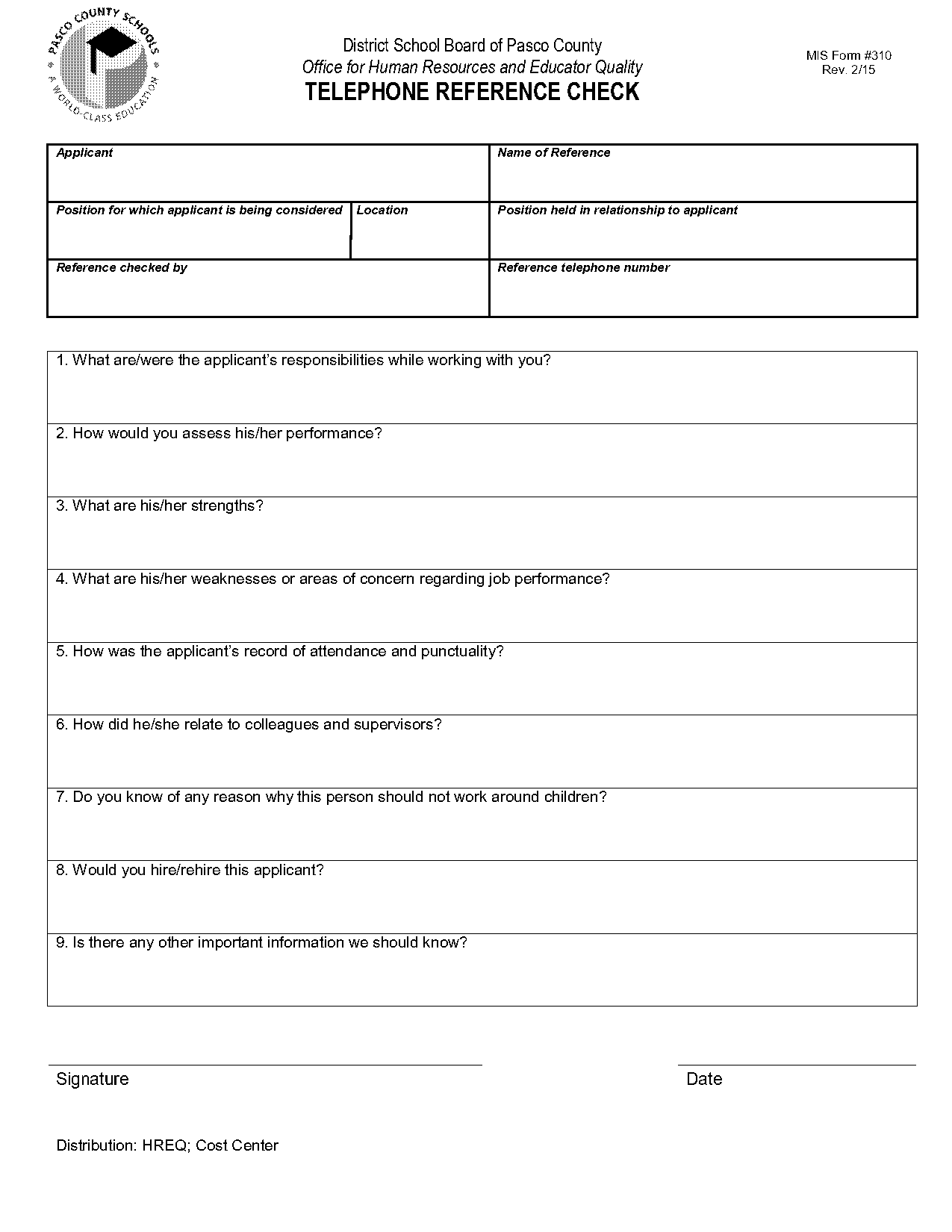 telephone reference form template