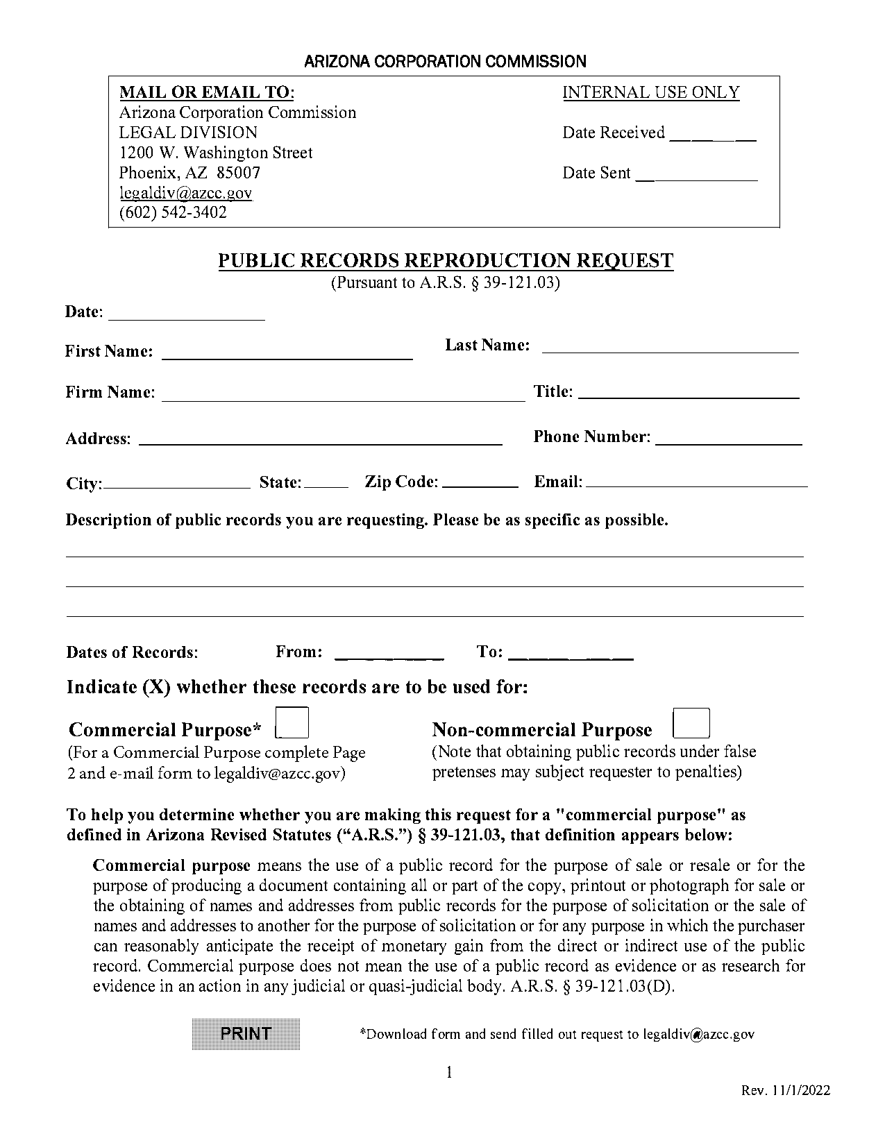 arizona corporation commission record request form