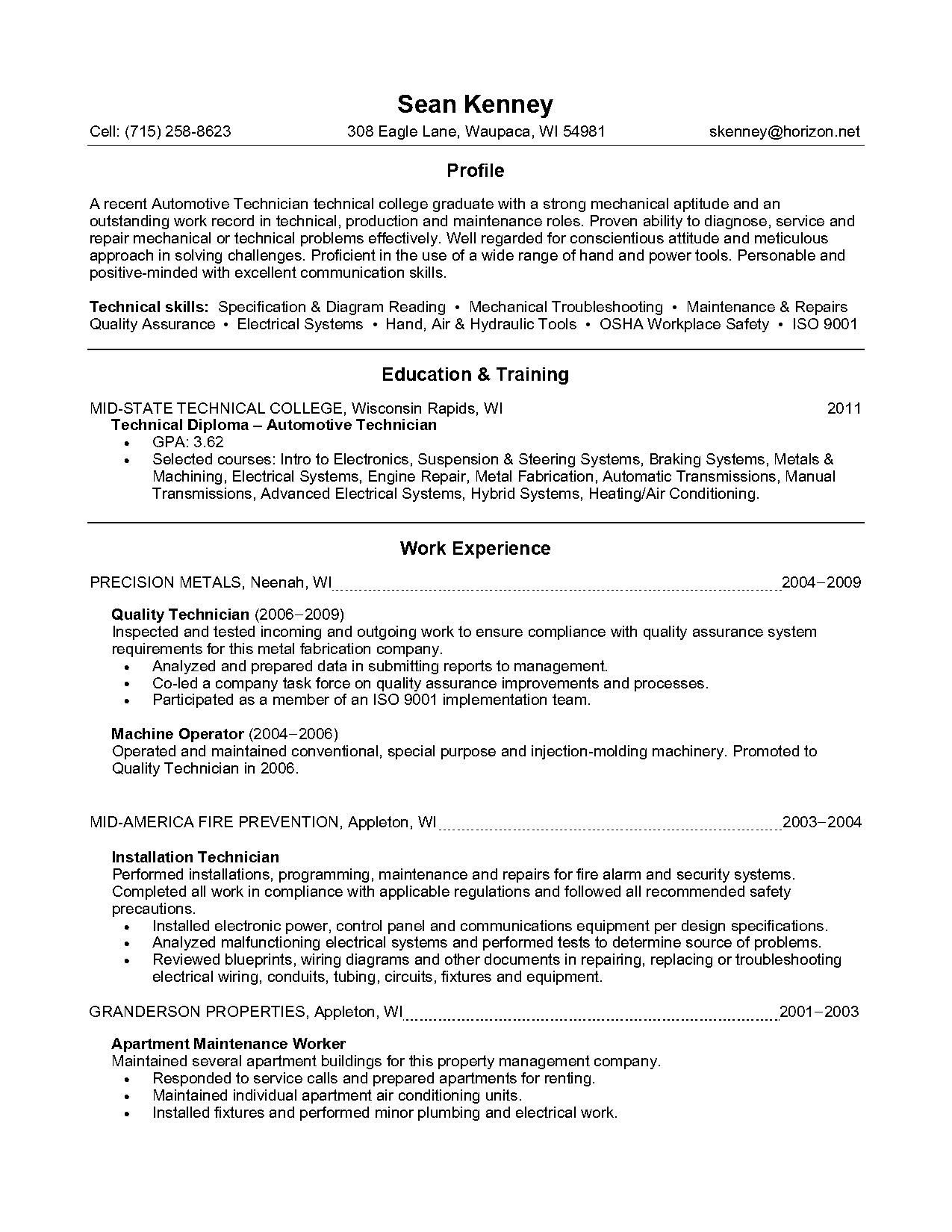 automotive repair resume sample