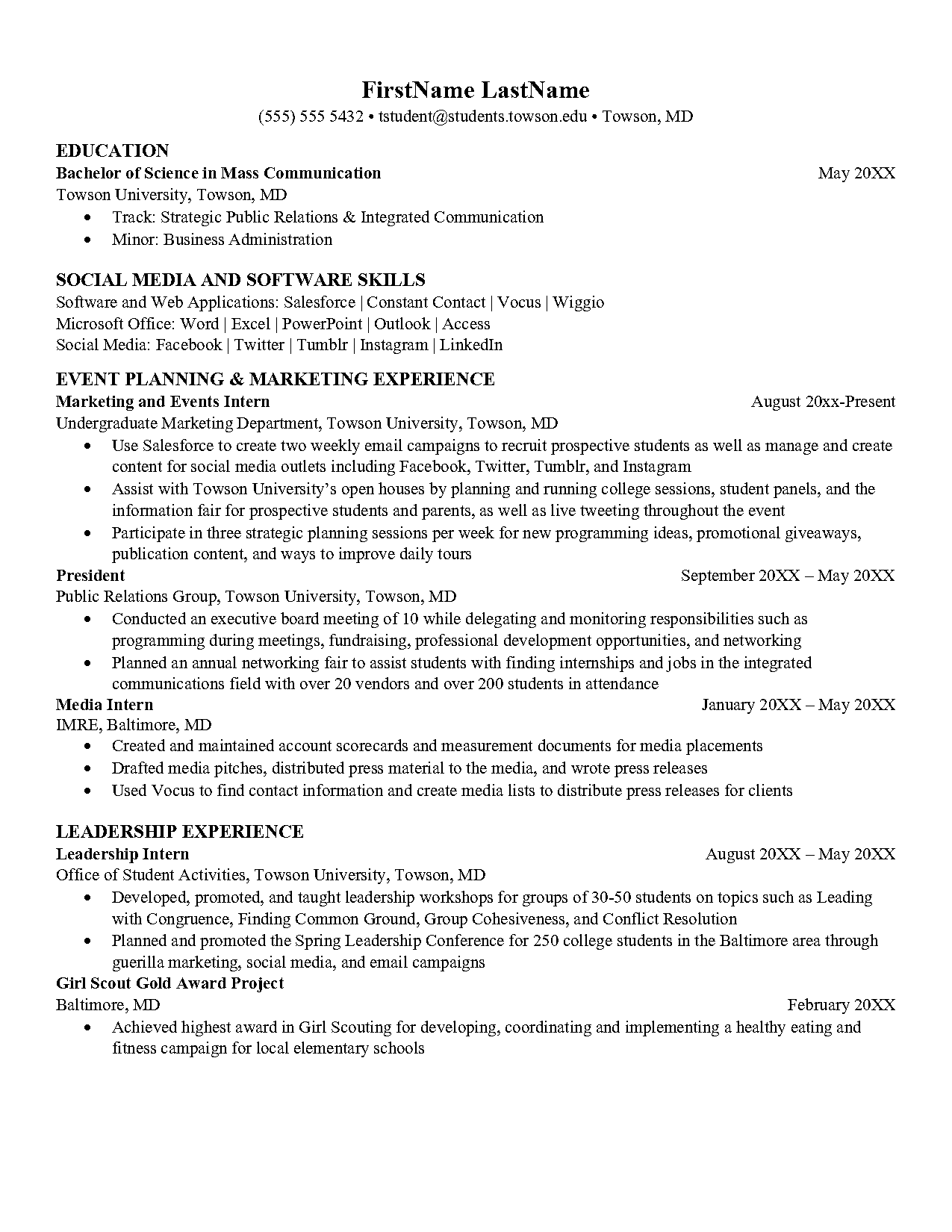 public relations resume format