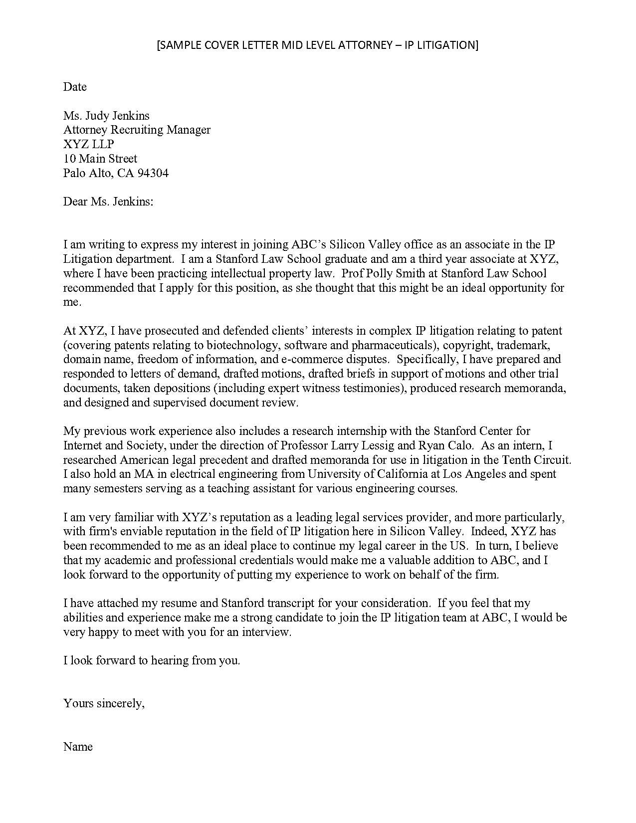 sample lawyer cover letter