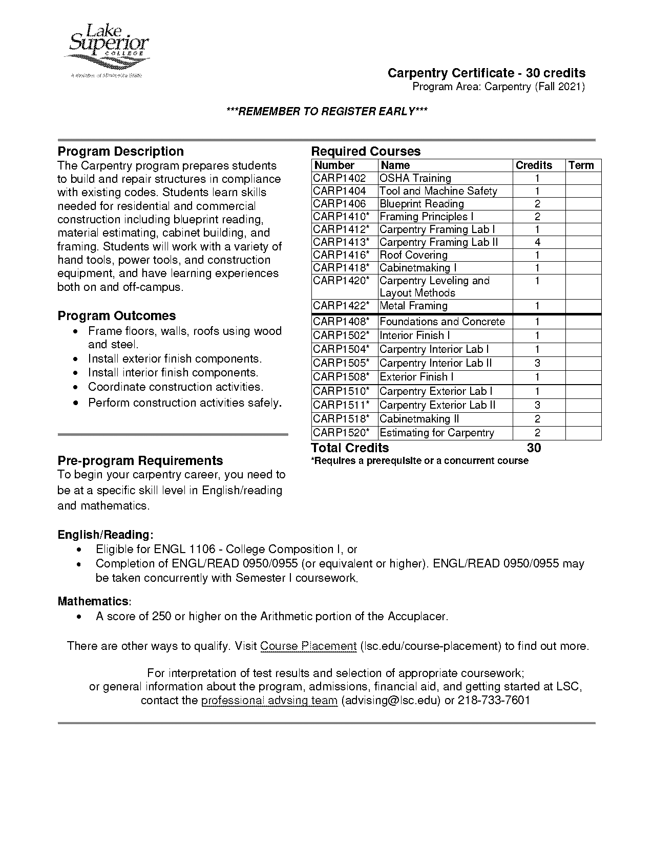 lsc carpentry graduation requirements