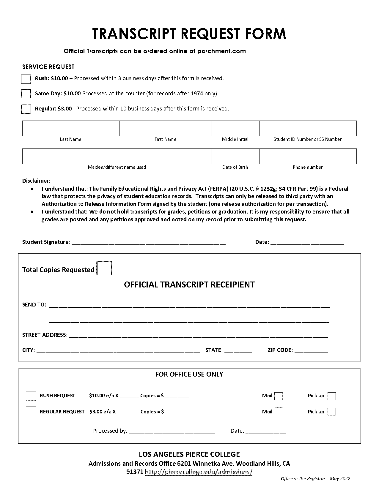 pierce college transcript form