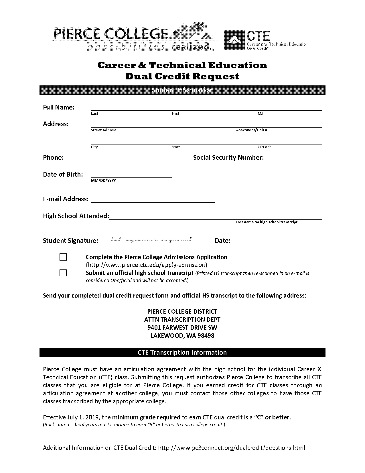 pierce college transcript form