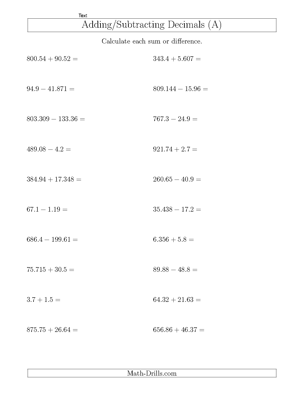 decimal fraction worksheets printable