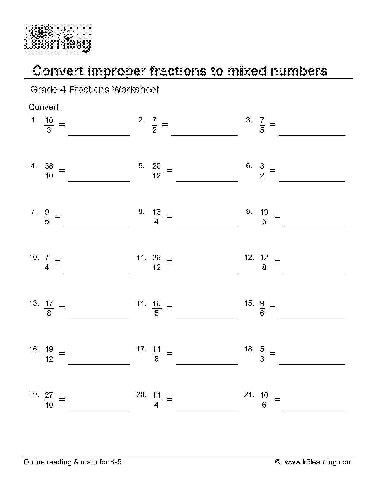 converting to improper fractions worksheet