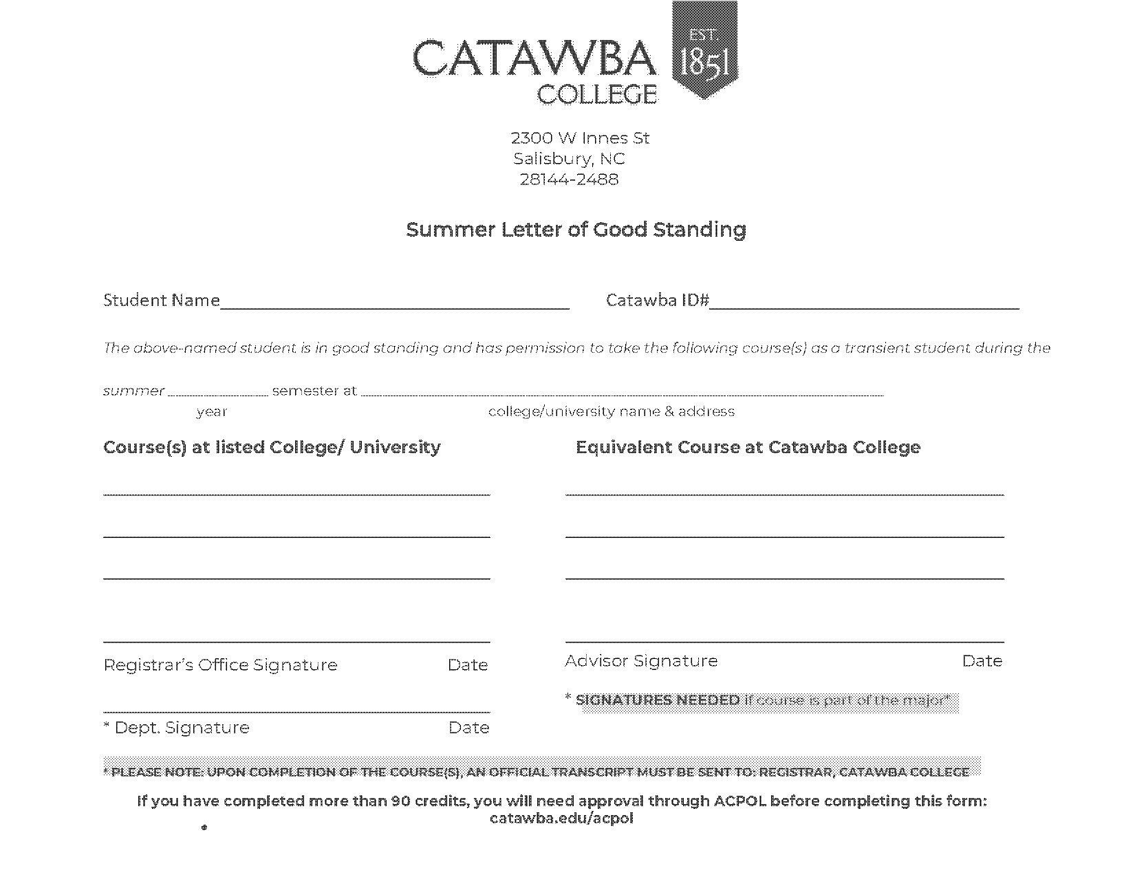 catawba college unoffical transcript