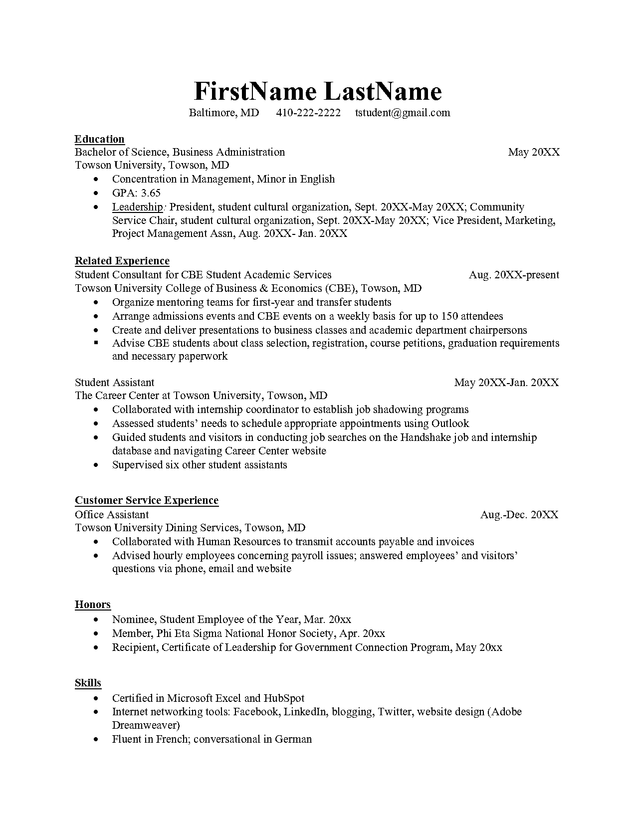 sample resume for business management student