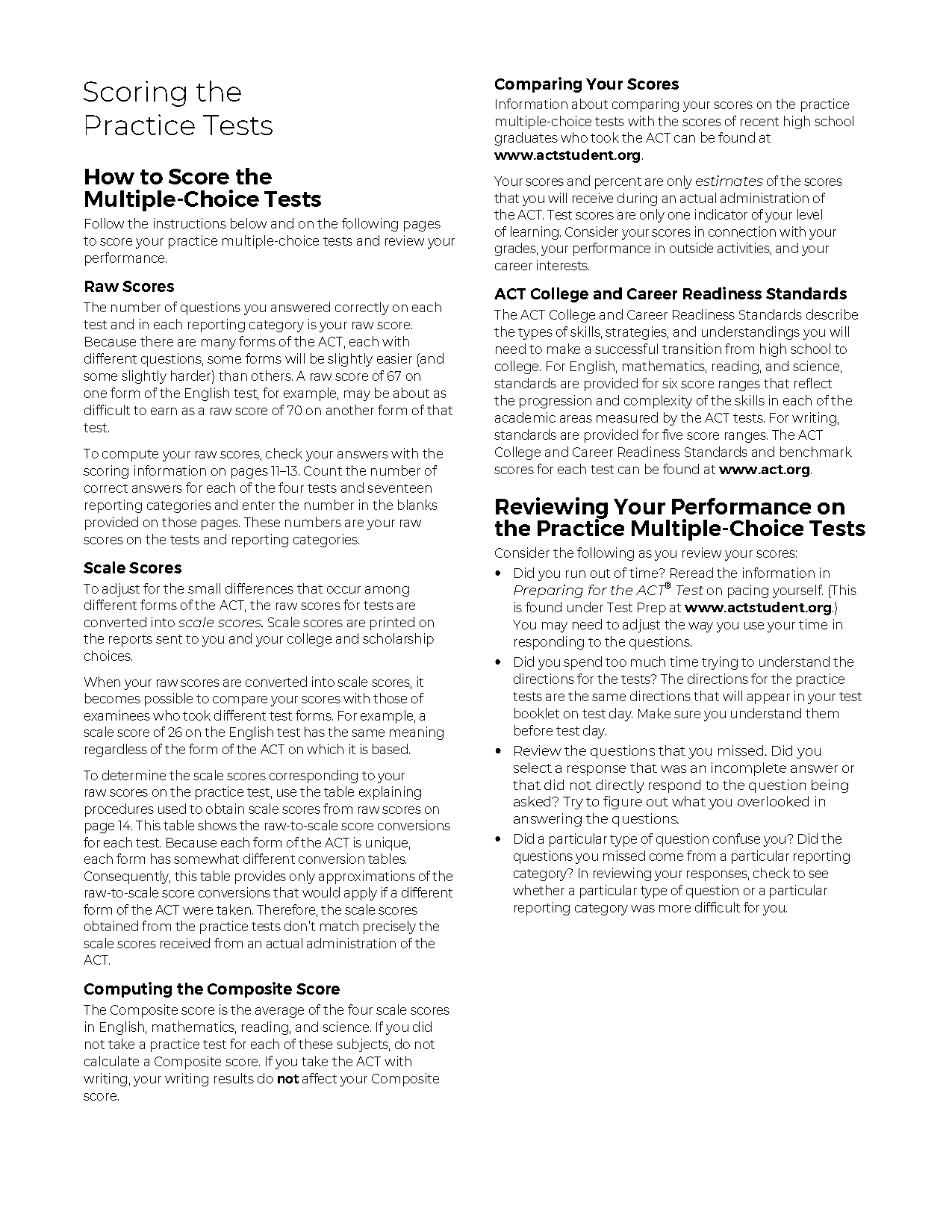 act reading score chart missed quetsions