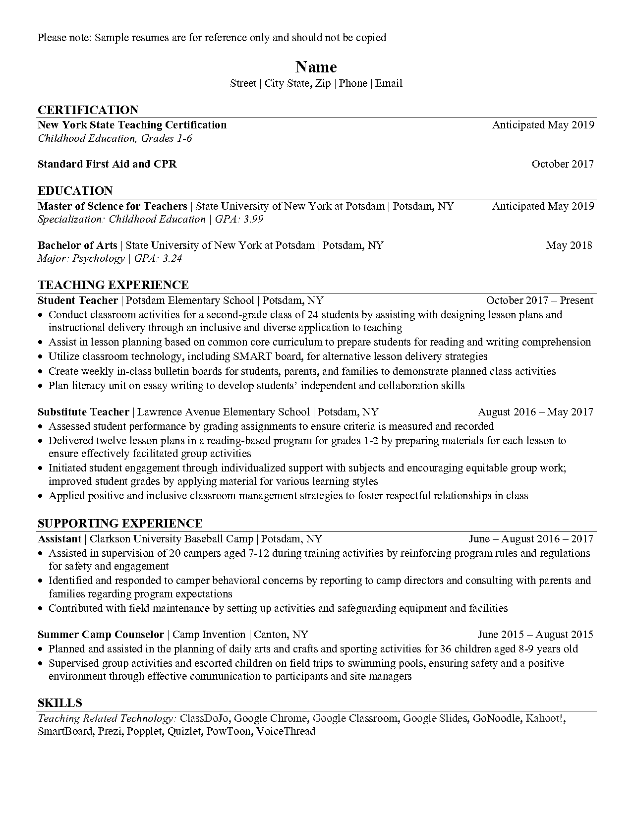 sample resume for a teacher aide