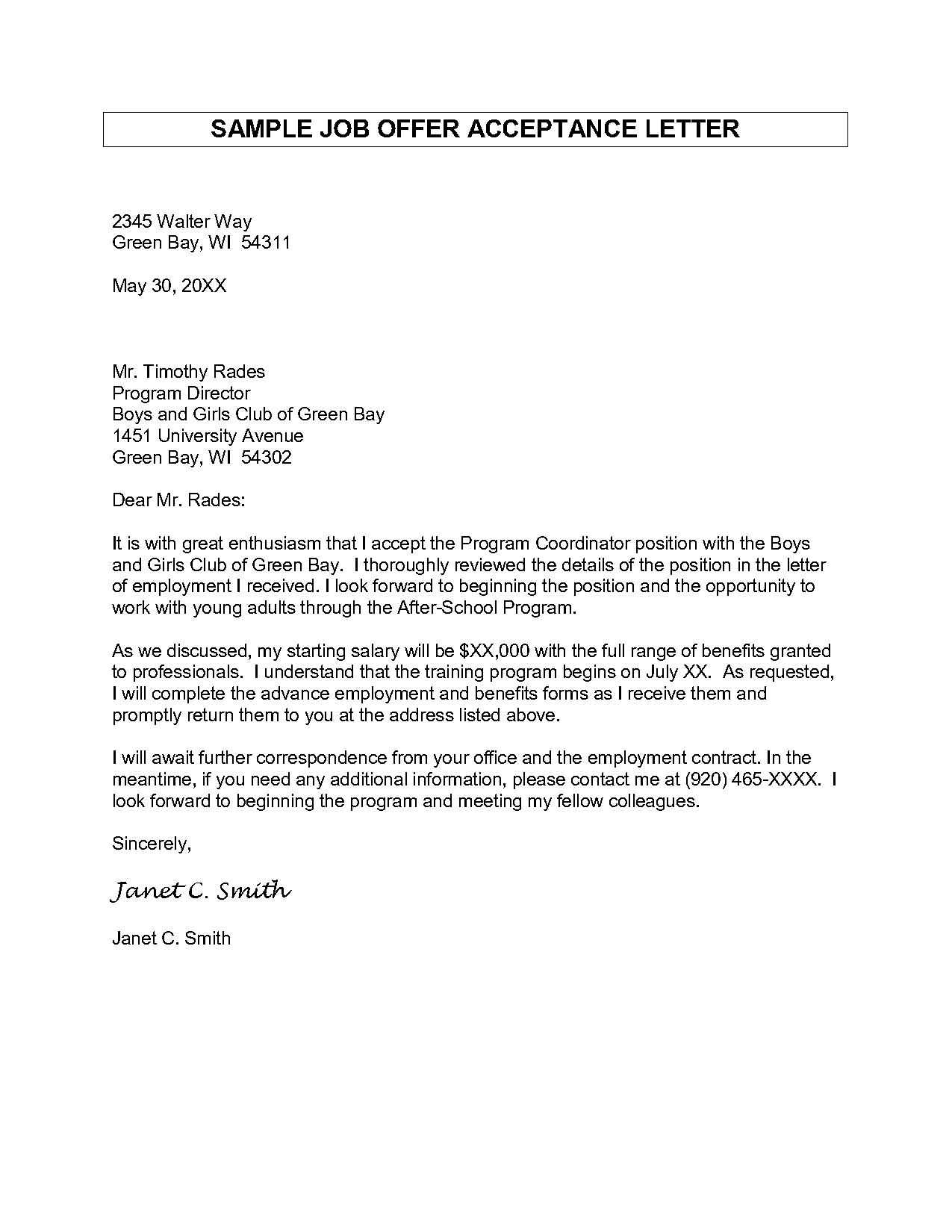 employment acceptance letter format