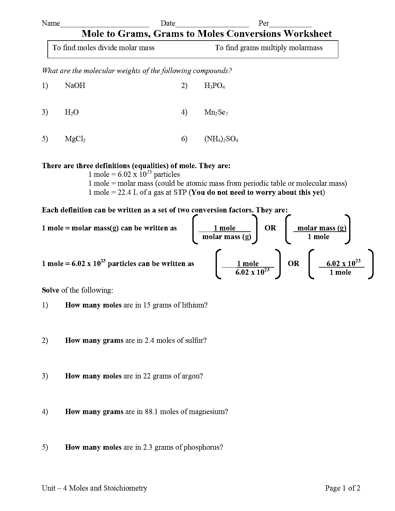 mole to mole conversion worksheet answer key