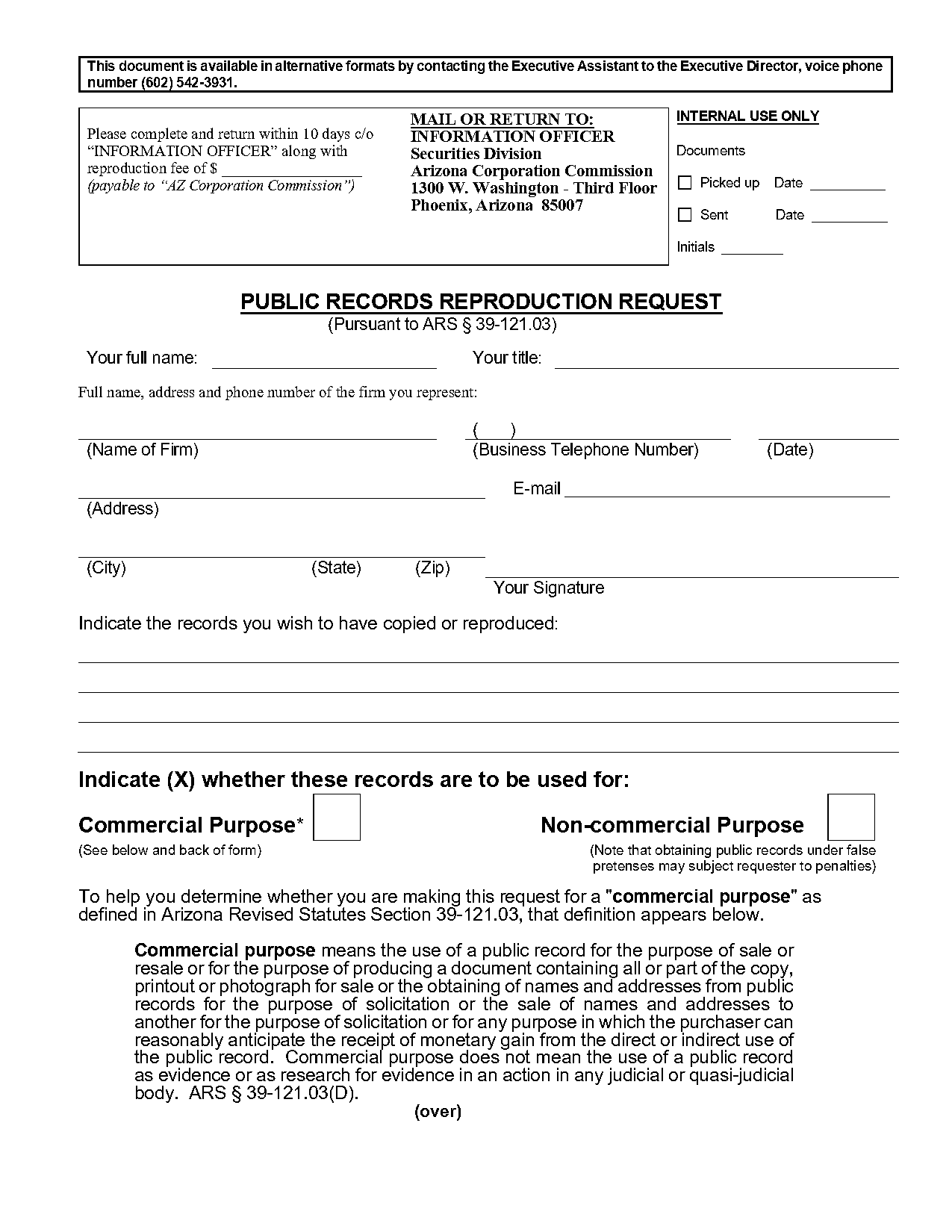 arizona corporation commission record request form