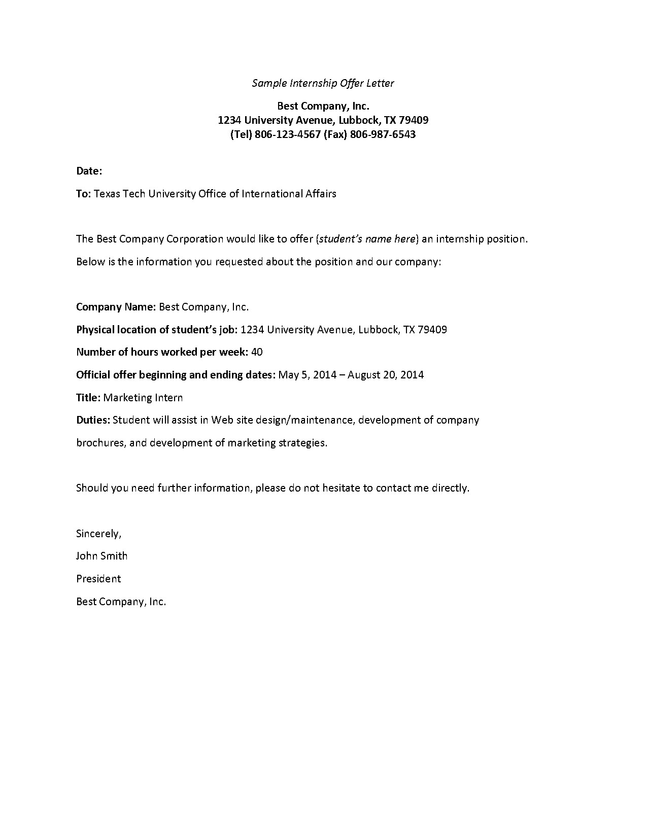 internship offer letter from company to university