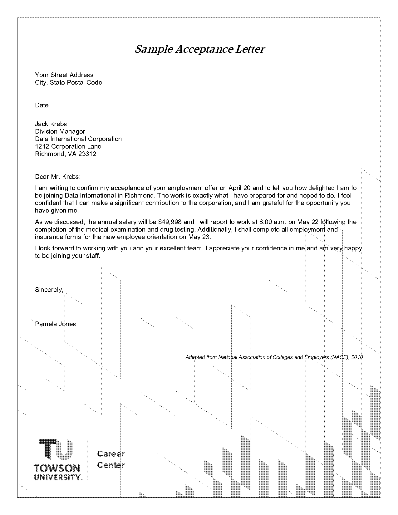 employment acceptance letter format