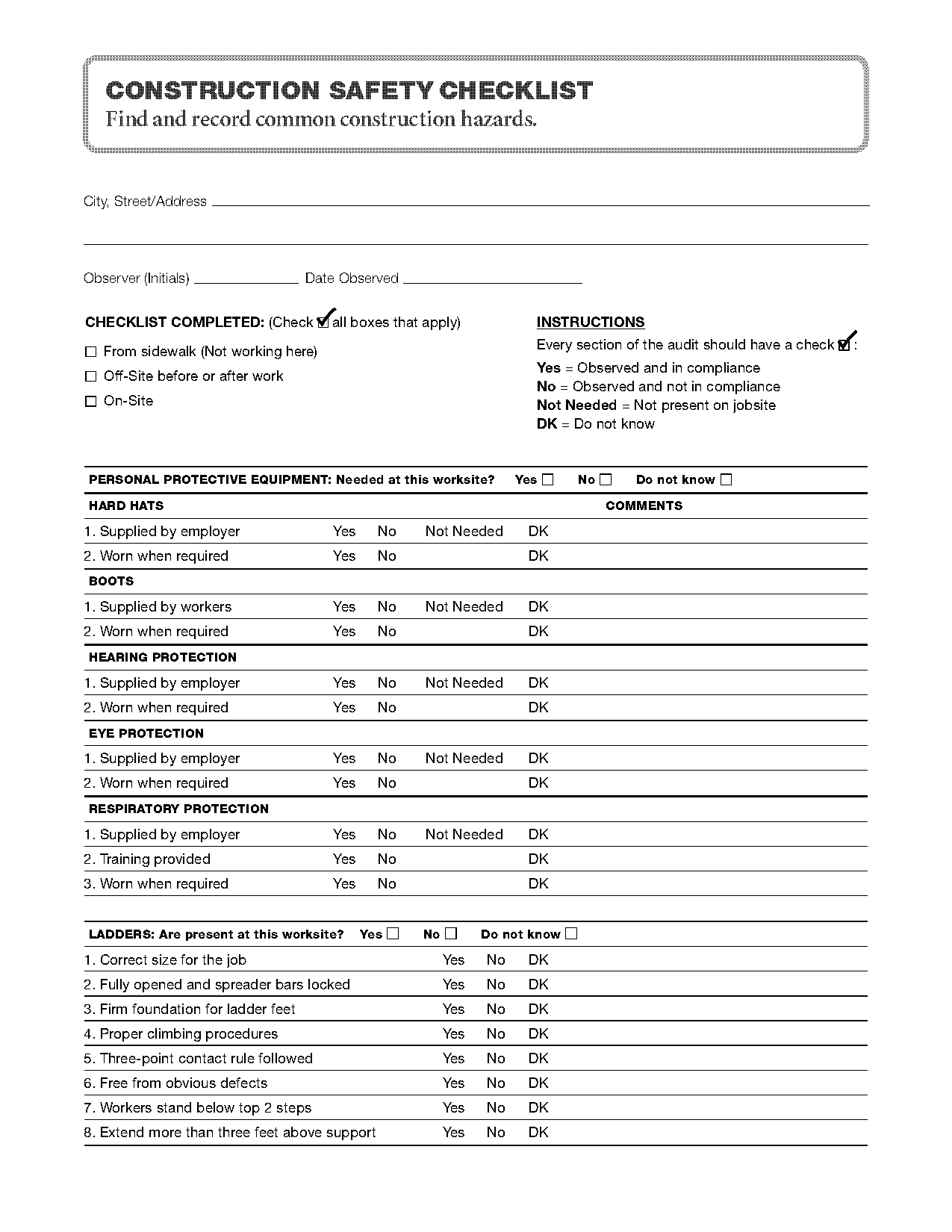 daily construction site safety inspection checklist