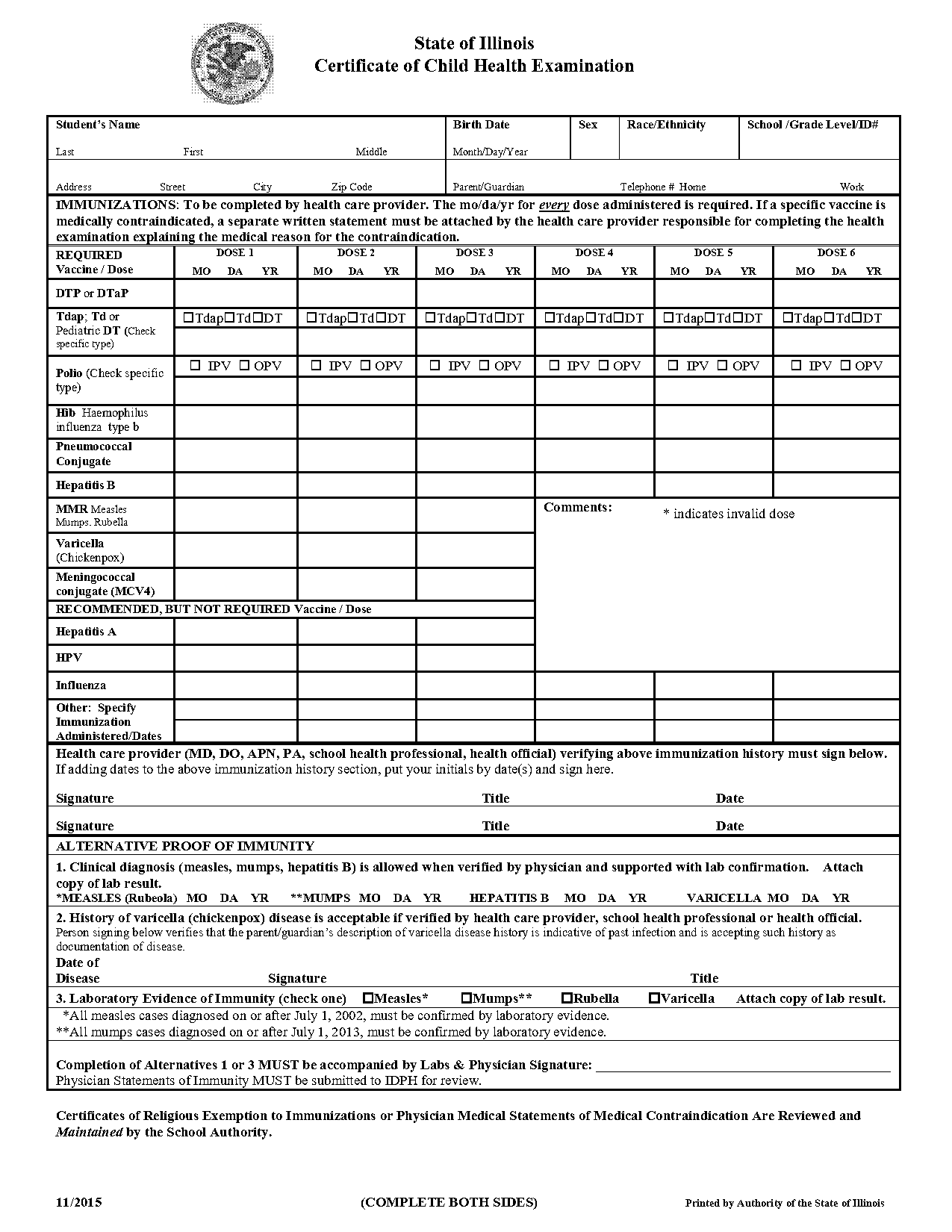 child medical history form