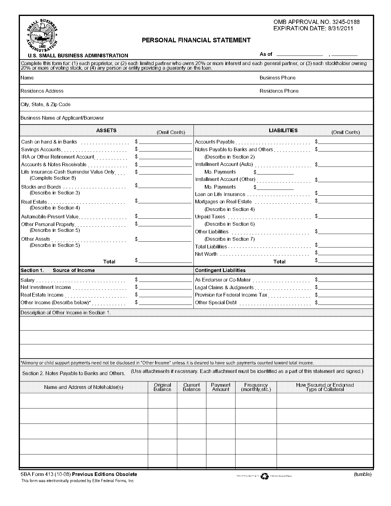 us small business administration personal financial statement template