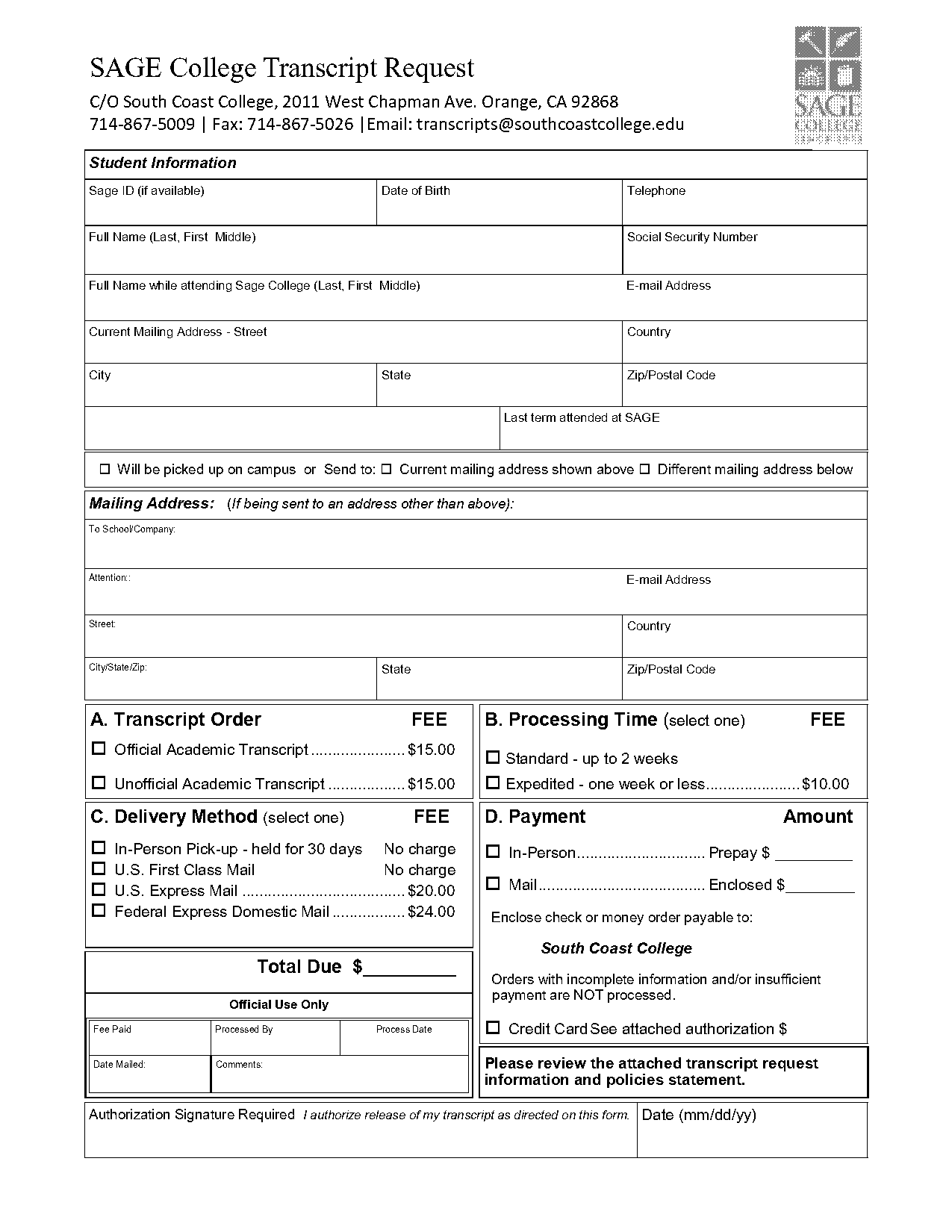 sage college transcript request