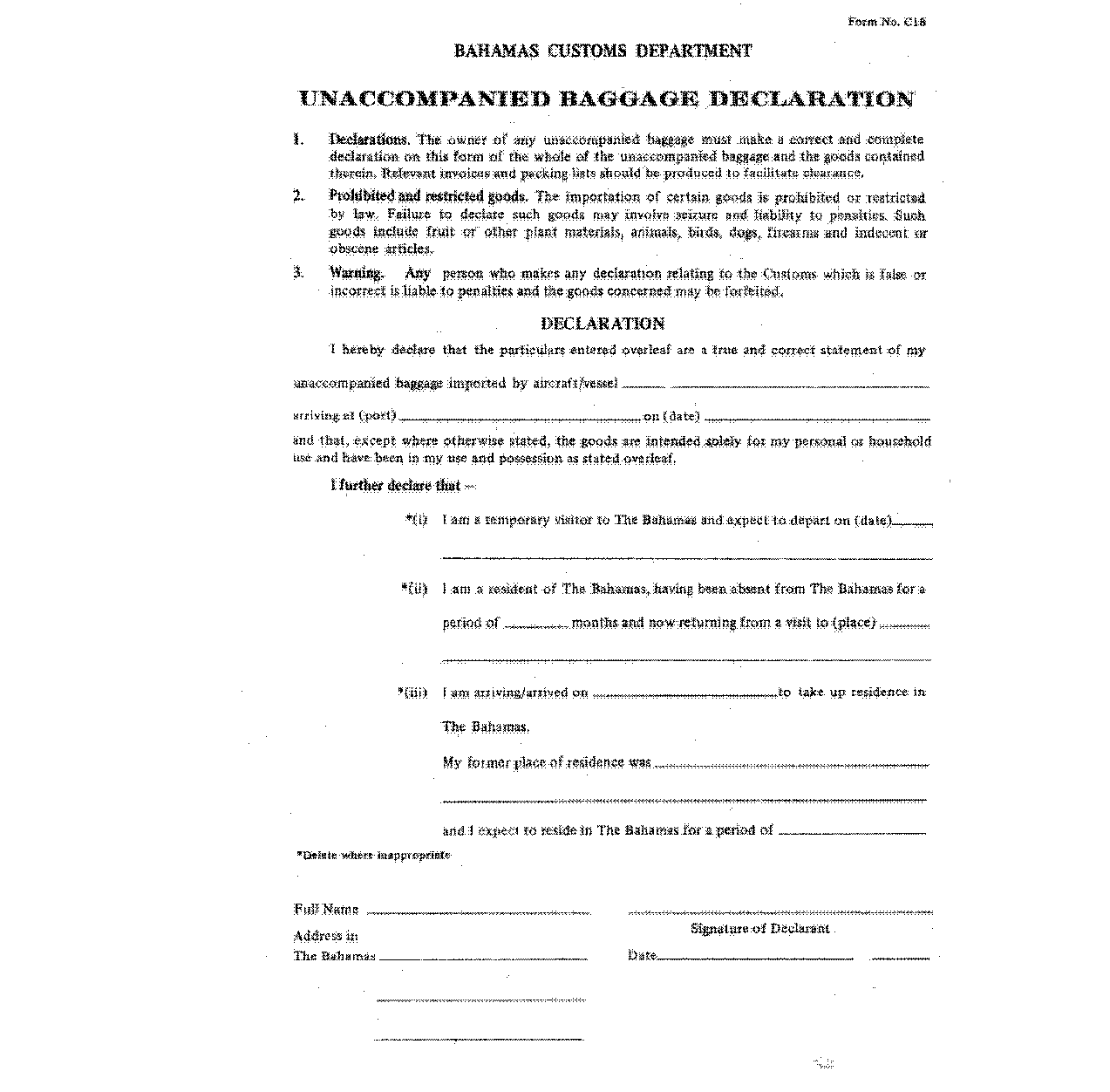 unaccompanied baggage declaration form