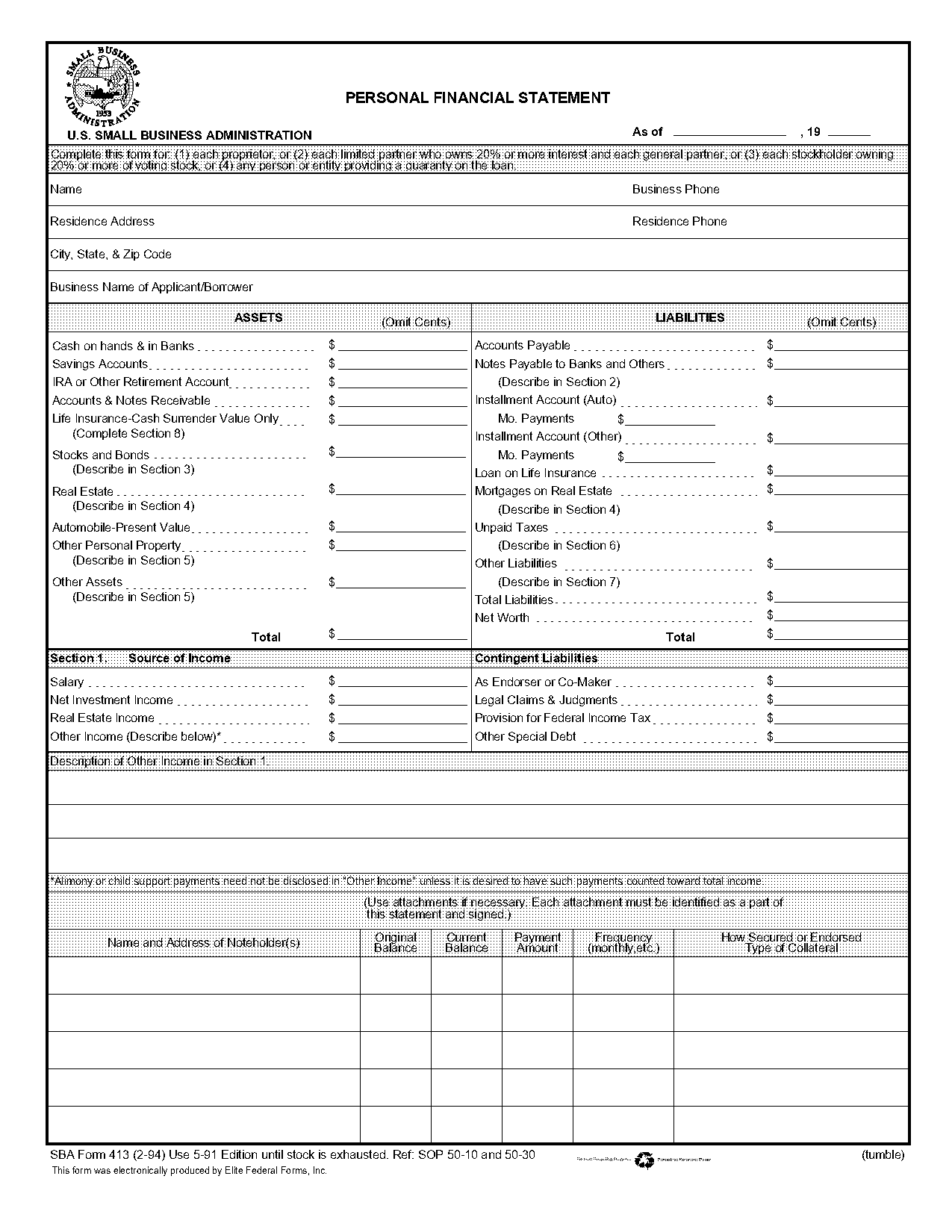 us small business administration personal financial statement template