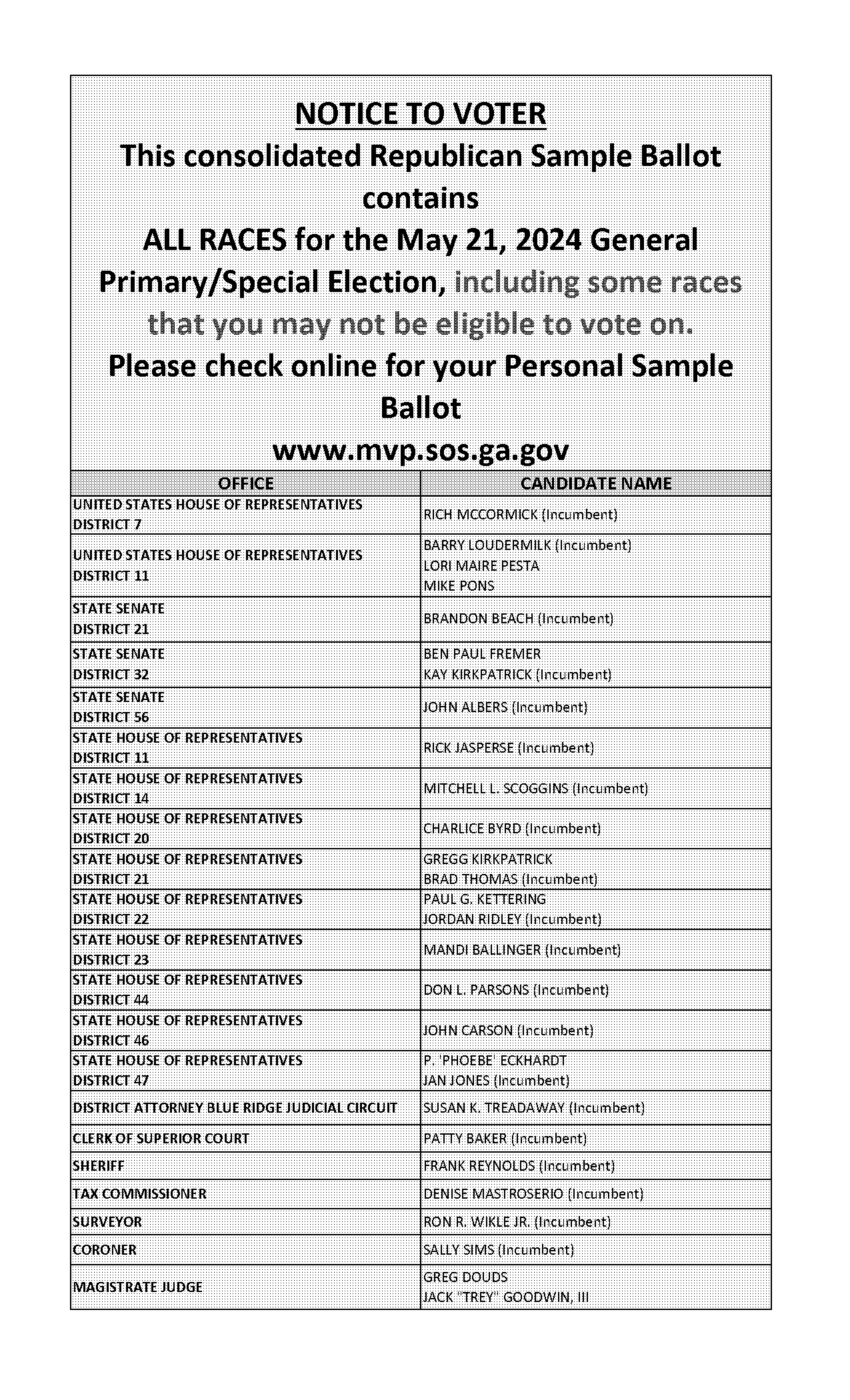 cherokee county ga sample republican ballot