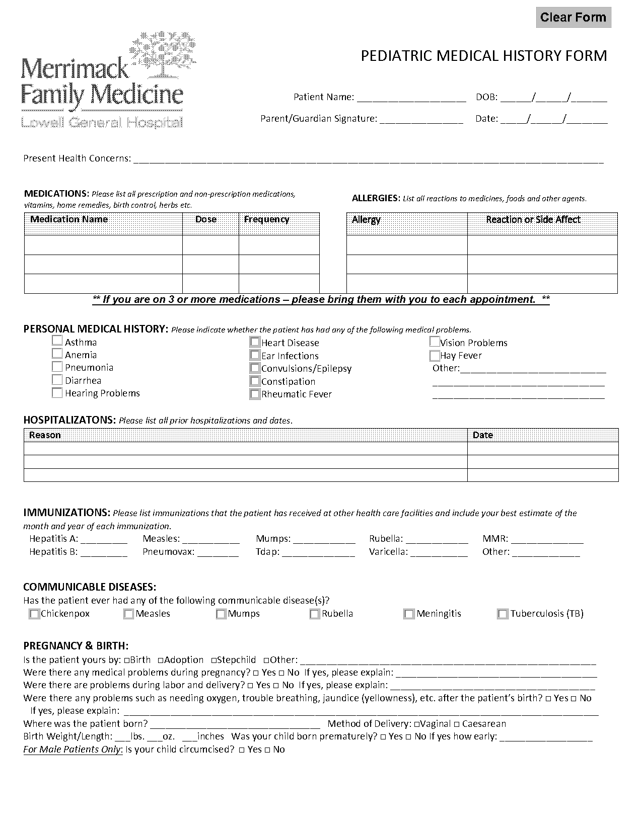 child medical history form